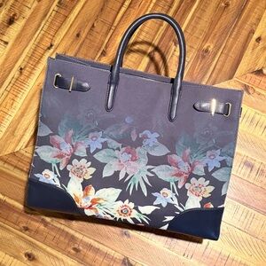 Ralph Lauren “Devyn” Navy Floral Canvas & Leather Tote